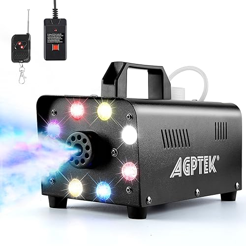 AGPTEK Máquina de humo con mando a distancia inalámbrico y 8 luces LED, estable y portátil, ideal para Halloween, Navidad, bodas, actuaciones en el escenario, etc.