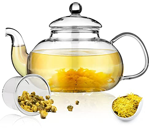 Kyraton Tetera de vidrio 1000ml con relleno desmontable, juego de té de floración y dispersión, estufa y tetera de Seguridad de microondas.