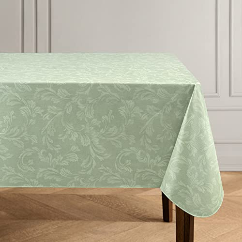 Elrene Home Fashions Camile Floral Damask-Scroll Water- and Stain-Resistant Vinyl Tablecloth with Flannel Backing, 60 Inches X 102 Inches, Rectangle, Sage