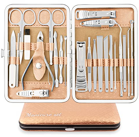 Tagliaunghie Set Professionale Grooming Kit Strumenti per Manicure e Pedicure 23pcs con Lussuosa Custodia da Viaggio in Pelle (Gold/D'argento)