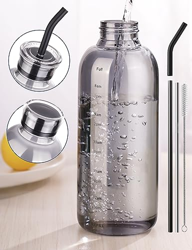 NiHome Glass Water Bottle 25oz/750ml with Two Lids, Stainless-Steel Straw, Brush and Silicone Cover, High Borosilicate Glass for Hot & Cold Beverages, Leak-Proof for Travel, Gym, Office (Smoky Gray)