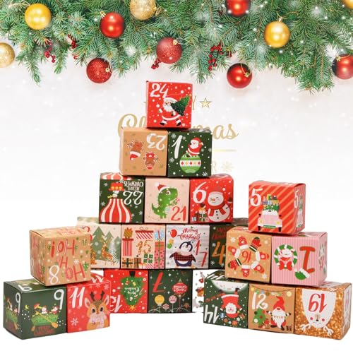 Jinlaili 24 Cajas de Calendario de Adviento, Calendario de Adviento para Rellenar, Calendario de Adviento DIY, Cajas de Regalo Navidad, Cajas de Regalo Papel Kraft para Caramelos Galletas Chocolates