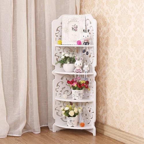 Treeisland Scaffale angolare con 4 ripiani, bianco libreria per soggiorno, camera da letto, bagno, cucina