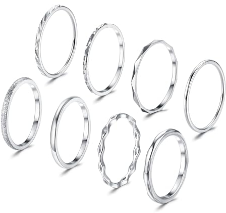 JeweBella 8 Stück Ringe Silber für Damen: Minimalistische Dünne Stapelbare Knöchelringe Set mit Twist und Wellen Design, Edelstahl, Hypoallergen, Langlebig, Korrosionsbeständig, Verschiedene Größen