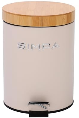 simpa 5L 5 Litre Matt Cream Slim Soft-Closing Pedal Dustbin with Bamboo Lid