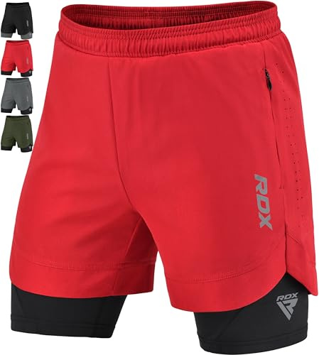 RDX Men’s Running Shorts, 2 in 1 Athletic Breathable Short Compression Liner, 2 Zipper and 2 Phone Pockets, Adult & Kids Lightweight Quick Drying Elastic Shorts for Sports Workout Jogging Cycling Gym