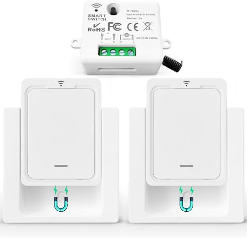 Tedeligo Wireless Lights Switch Kit, AC 220V Mini Wireless Radio Transmitter Easy To Install Removable Wireless Wall Panel Switch 100M Control Range for Light Lamp Appliances (2Switch 1receiver)