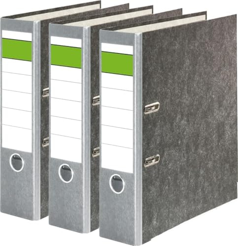 Papiertiger Ordner Nature mit farbigem Rücken aus Graukaton im Wolkenmamor Design, Rückenschild klassisch grüner Balken (Nature (Wolkenmamor), Grau, 3 Stück | 8cm Breit)