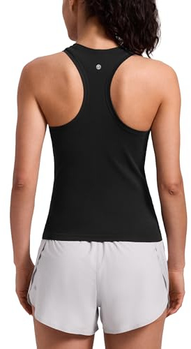 CRZ YOGA Seamless Workout Tank Tops for Women - Athletic Running Gym Sleeveless Shirts Crewneck Racerback Breathable Black Medium