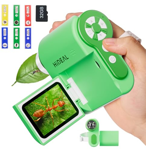 Hideal HP20 IPS Microscope for Kids: [3-in-1] [Easy and Fun] 2 Portable Handheld Microscope Miniscope, Pocket Mini Scope Educational Science Kit, Christmas Birthday Gifts for Kids, 32GB, Green