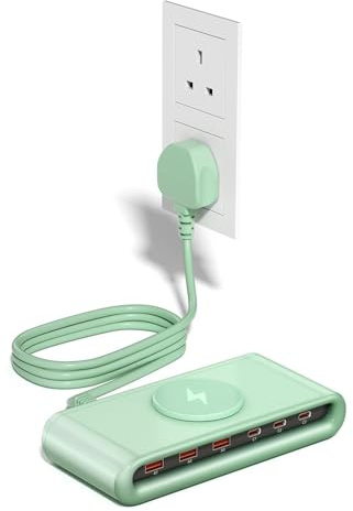 6 Port USB C Charging Station with 10W Magnetic Wireless Charger, 145W Desktop Power Hub, QC3.0 & PD45W Fast Charge for iPhone 16/15/14,iPad, Samsung (green)