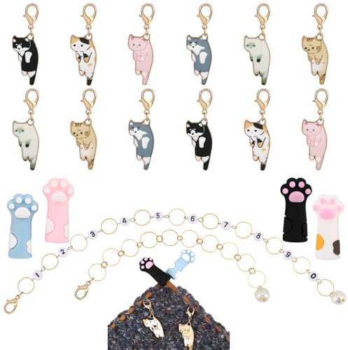 COGCHARGER DIY Knitting Tool Sets 18Pcs Including Cat Alloy Enamel Crochet Stitch Markers Knitting Row Counter Chains Silicone Knitting Needle Stoppers for Knitting Project