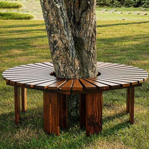 Banco de Parque Redondo de Madera Maciza para Exteriores con diseño Curvo Banco de árbol semicircular para Asientos de jardín y Patio Banco de Listones en Forma de Abanico con diseño sin Respaldo y