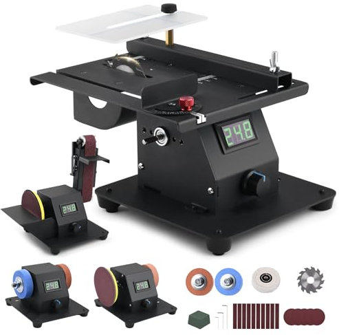 4-IN-1 Mini Tischkreissäge 350W mit LED-Voltanzeige, 0-90° Verstellbarer Bandschleifer mit 10 Schleifbänder, Doppelschleifmaschine, Multifunktionsgerät mit 7-stufig einstellbarer Geschwindigkeit