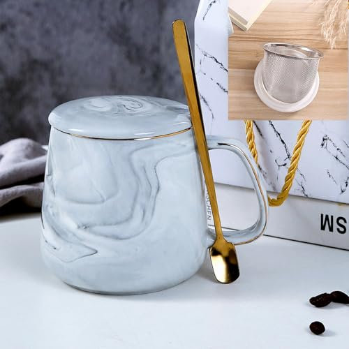 Xfeyaqlo 400ml Taza Te Ceramica Marmol, Tazas de Te con Tapa, Taza Infusiones con Tapa y Filtro, Elegante Compañero de Té de La Tarde, Buena Opción de Regalo (Gris)