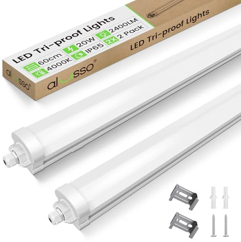 ALUSSO Lot de 2 Réglette LED 60 cm, 4000K IP65 Tubes pour bureau