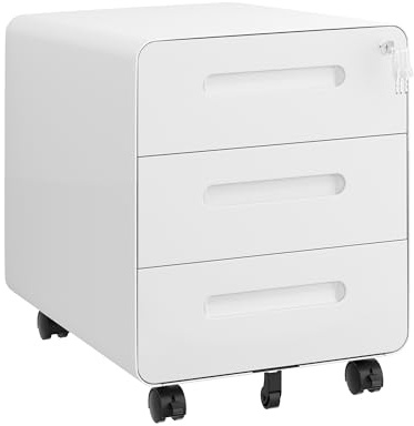 HOMSTEEL Rollcontainer, Mobiler Aktenschrank mit Schloss, Abgerundeten Ecken, 4 Schlüssel, 3 Schubladen, Druckertisch, Bereits Vormontiert, für Büro, Heimbüro, 46T x 40B x 50H cm, Weiß