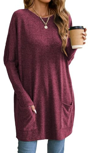 Famulily Women's Long Sleeve Tunic Tops Crew Neck Solid Color Blouses Loose Fit Ladies Lightweight Soft Shirts Wine XXL