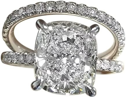 Hsitgexf Elongated Cushion Cut Cubic Zirconia Band Engagement Wedding Rings for Women,White Gold Plated Bridal Half Eternity Sparkle Stackable CZ Ring Promise Set 2 PCS, Size 6-10（6）