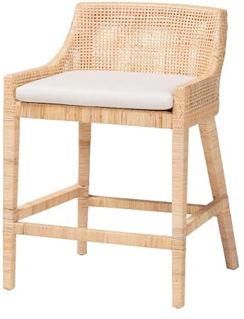 Bali & pari Beata Natural Rattan Counter Stool - Handcrafted Wingback Counter Chair with Woven Detailing and Removable Cushion, Coastal Boho Style Seating for Kitchen Island or Dining Area