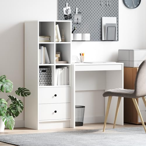HaoChrymec Desk with Storage, Engineered Wood Study Table with Built-in Shelves and Drawers, Computer Desk for Home Office, Gaming Desk Workstation, Office Desk with Organiser, White, 70x40 cm