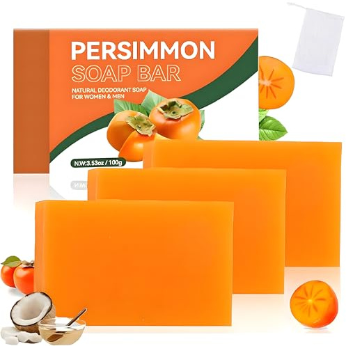 3-Pack Persimmon Soap Bars for Odour Control with Green Tea Extract, Handmade Deodorising Soap for Men & Women, Deep Cleansing Face & Body Bar