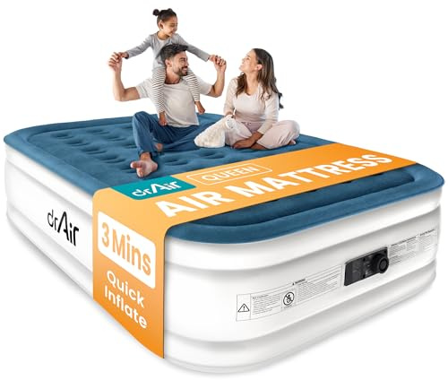Dr. air Queen Air Mattress with Built-in Pump, 18 Raised Blow Up Mattress, 800 lbs Max Honeycomb Air Bed, 48Hr Leak-Proof Test, 3min Inflatable Mattress for Home, Guests, Camping, Colchones inflables