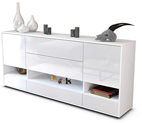 Stil.Zeit Sideboard Florentina, Korpus Weiss matt, Front Hochglanz Weiß (180x79x35cm) Push-to-Open Technik & Leichtlaufschienen