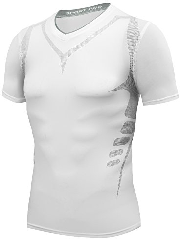 AMZSPORT Herren Kompressions-Shirt Kurzarm Funktionsshirts Baselayer Kurzarm,Weiß,L