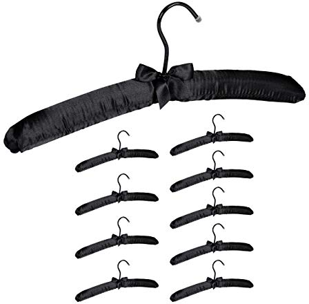 Relaxdays Kleiderbügel Satin, 10er Pack, weich gepolstert, 360° drehbarer Haken, dekorative Schleife, 38 cm, schwarz