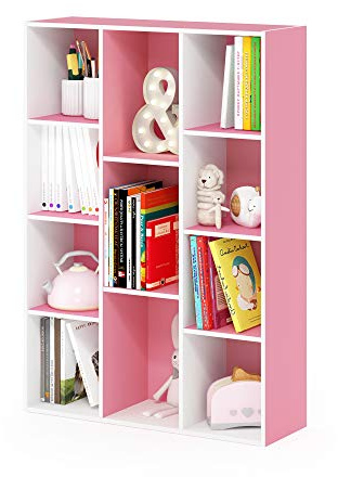 Furinno LUDER Book Shelf, 11-Cube Bookshelf, Reversible Bookcase, 9.4 x 29.1 x 41.7, for Living Room, Bedroom, Home Office, White/Pink