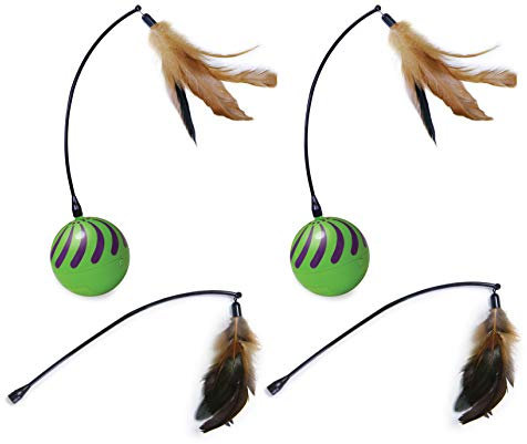 SmartKat (2 Count) Feather Whirl Electronic Motion Wand Cat Toys, Includes (2) Extra Wands, Battery Powered - Green, 2 Count