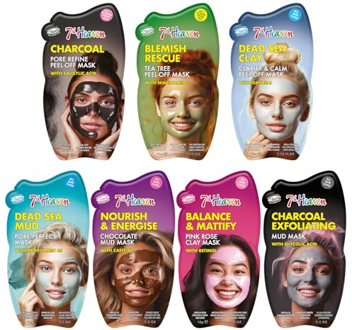 7th Heaven Face Mask Multipack – Pack of 7 Clay, Mud & Peel-Off Masks with Retinol, Caffeine, Glycolic Acid & Niacinamide – Deep Cleansing & Purifying Skincare for Women – Cruelty-Free