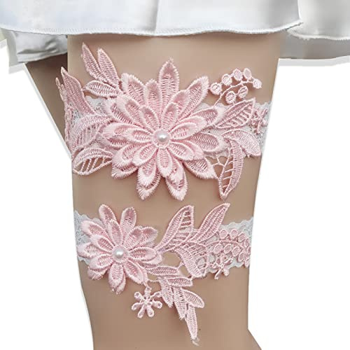 2 stycken bröllop brud strumpband, dam strumpeband bröllop, blomma spets elastiska blå strumpband, lämpliga för brudar, tärnor, bröllop, vardagsdekoration (rosa)