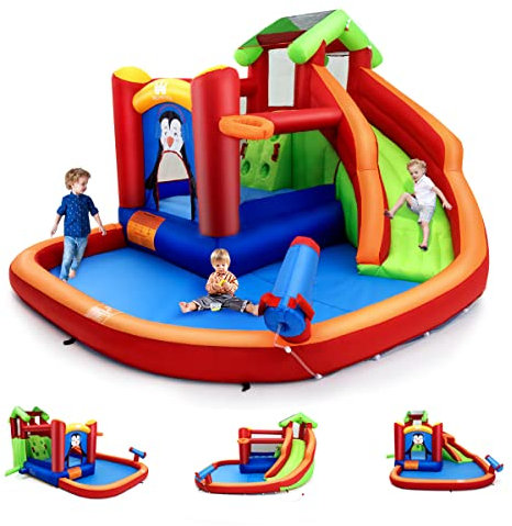 GOPLUS 6 en 1 Château Gonflable pour 3 Enfants 3-10 Ans Pingouins, Parc Aquatique Gonflable avec Toboggan,Trampoline,Pataugeoire, Panier Basket,Canon à Eau Jusqu'à 135KG (Rouge, San Souffleur)