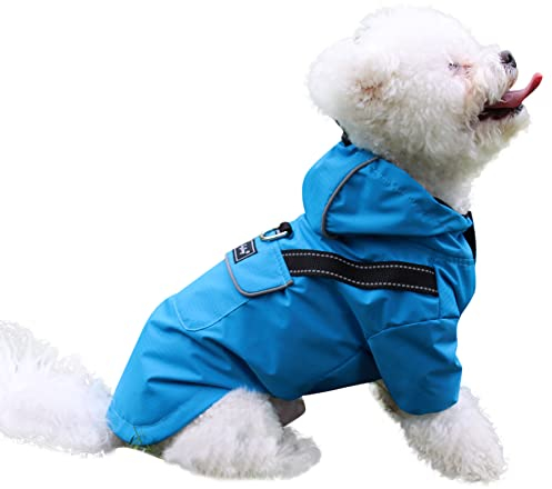JoyDaog Regenmantel für kleine Hunde mit Kapuze, wasserdichte Outdoor-Regenjacke für Hunde, Welpen-Regenmantel mit Taschen, Blau, S