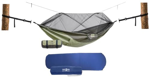 AMAZONAS Thermo Set | Set aus Ultra Light Hängematte Moskito Traveller Thremo, Isomatte und T-Strap | bis 200 kg | Grün