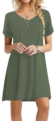 Actcat Ladies Summer Dress Casual T-Shirt Dress Loose Swing Sun Dress Short Sleeve Tunic Short Dress with Pockets Women's Summer Dresses Army Green Dress XXL