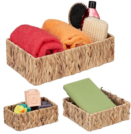 Relaxdays Aufbewahrungskorb Wasserhyazinthe, 3er Set, Körbchen in 3 Größen, Badezimmer Aufbewahrung, Flechtkörbe, Natur