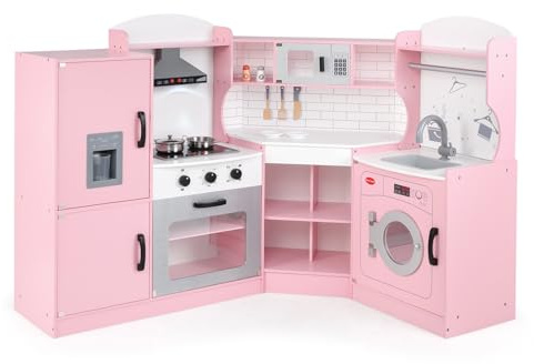 COSTWAY Kids Corner Play Kitchen, 9-in-1 Wooden Pretend Cooking Playset with Realistic Lights & Sounds, Accessory Utensils, Children's Chef Role Play Set for Boys Girls (Pink)