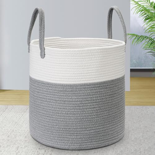 Woven Cotton Rope Storage Basket, Woven Laundry Basket, Large Laundry Hamper for Blanket, Toys, Towels, Clothes, Living Room, Bathroom, Laundry Room, 36x40cm, 40L (White & Grey)