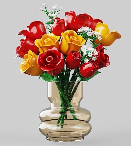 HOGOKIDS Bouquet de fleurs avec lumières - 16 blocs de construction de roses botaniques artificielles rouges pour la décoration de la maison, la fête des mères, cadeaux d'anniversaire pour filles et