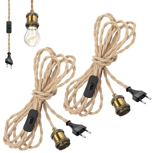 2 PCS Lustre Corde De Chanvre, Douille De Lampe E27 Vintage Avec Câble, Suspendue Lustre Corde De Chanvre, 4.6M Cable Suspension Luminaire, Douille Interrupteur Avec Interrupteur Pour Maison, Chambre