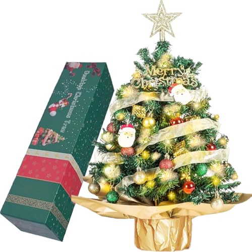 WINOK Mini julgran 60 cm, liten julgran med belysning LED-bord julgran liten konstgjord dekorerad för juldekoration och festtillbehör – grön