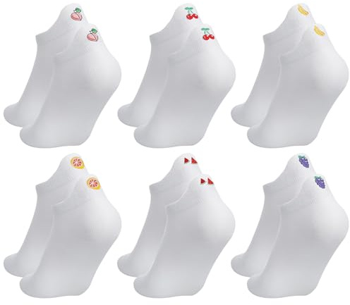poraceous 6 Paires Chaussette Coton Femme de Sport 38-42, Chaussettes Blanches Femme, Respirantes Basse Soquette Courtes, Avec Motif de Fruits, pour Randonnée Marche Running Jours Chaussette Tennis