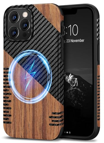 TENDLIN Compatible with iPhone 13 Pro Max Case Wood Grain with Carbon Fiber Texture Design Leather Hybrid Slim Case (Compatible with MagSafe) Twill