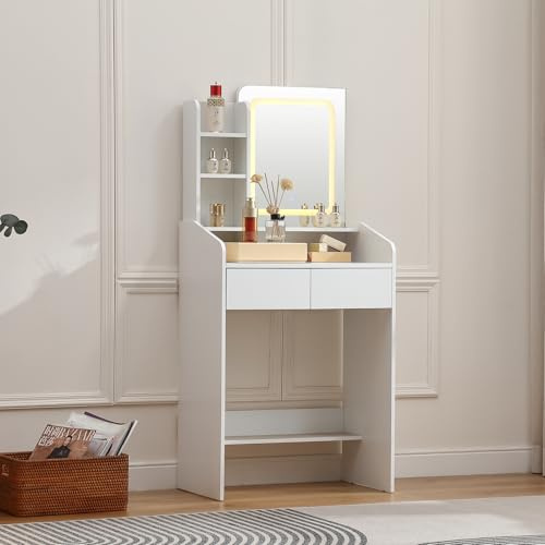 FOREST GRAVITY Small Makeup Vanity Desk litet sminkbord med spegel och belysning, 2 lådor, sminkbord, 3 justerbara färgljusstyrkenivåer, för sovrum, vitt (0151)
