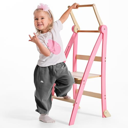 Goodevas Torre di apprendimento in legno Montessori salvaspazio : scala pieghevole in pelle, sgabello per bambini, scala pieghevole per bambini, scala di apprendimento con protezione antiribaltamento