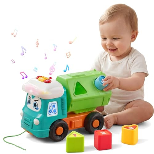 Meribbit Macchinine per Bambini Camion Giocattolo 1 Anno in Su con Forme Geometriche Suoni e Luci con Cassone Ribaltabile e Corda da Traino Gioco Educativo Sensoriale