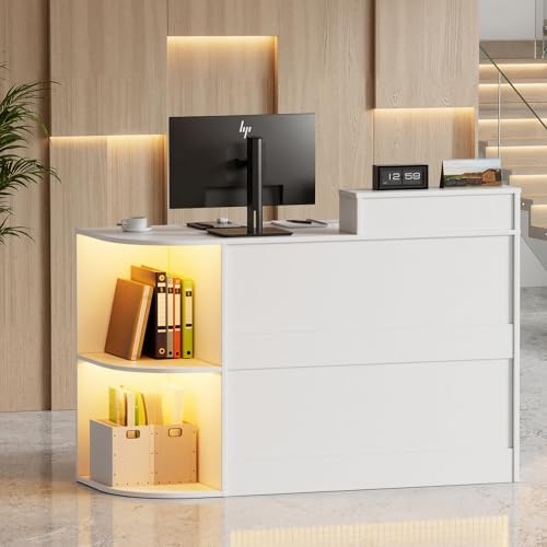 Bancone Reception con LED,Banco Reception con Cassetti e Armadi Chiudibili & Ripiano per Tastiera,Moderno Bancone Negozio Reception Estetica Banco Cassa per Hotel,Ufficio,Centro Estetico120x102.5x48cm